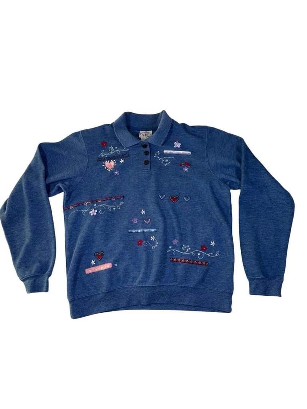 Koret City Blues Petites Vintage Embellished Embroidered Polo Sweatshirt Size M